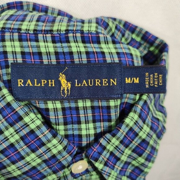Ralph Lauren Blue Label Green Blue Plaid Shirt Men Size M Long Sleeve Pony Logo - Picture 7 of 9